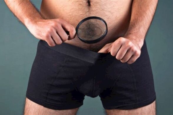 a man with a magnifying glass examines his penis and wants to thicken it